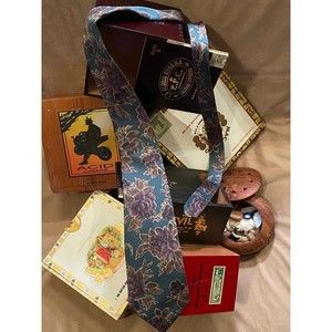 AHJ Imported Italian Silk Men's Tie Teal Base with Burgundy and Violet Flower